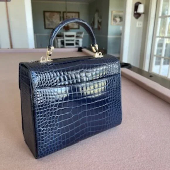 Aspinal of London Mayfair Midnight Blue Patent Croc Top Handle Handbag Purse Bag - Picture 5 of 10